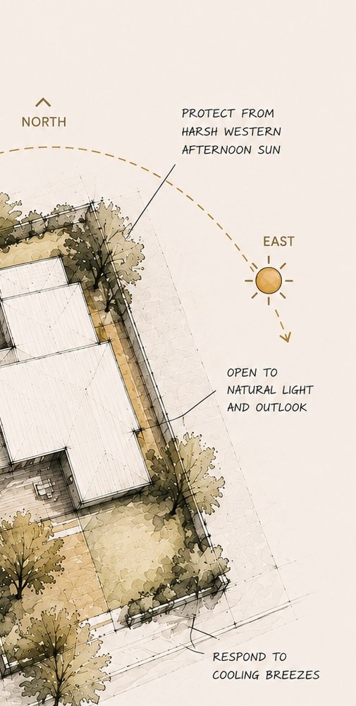 Site plan diagram indicating north, outlook and orientation of outdoor spaces