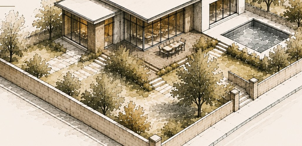 Drawn perspective of a home set within its site, gardens and boundaries