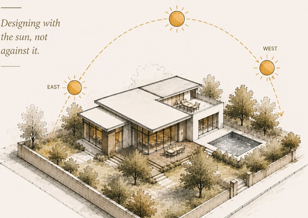 Architectural diagram showing the path of the sun across a residential site
